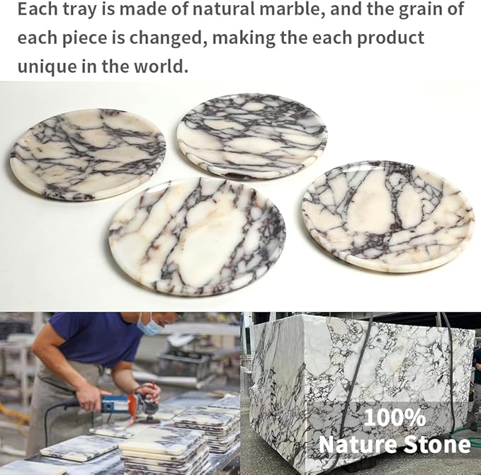 Natural Marble Tray, Coffee Table, Food, Fruit, Paper Cup, Cake Display, Coffee bar, Family Gatherings, Seasonal Holiday Decoration Tray(Viola-Circular-9.8"x9.8"x0.7")