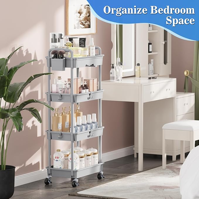 4 Tier Rolling Utility Cart with Drawer, Storage Organizer Cart with 2 Lockable Wheels, Multifunctional Rolling Storage Cart for Bathroom, Kitchen, Craft, Makeup, Baby Essentials, Gray