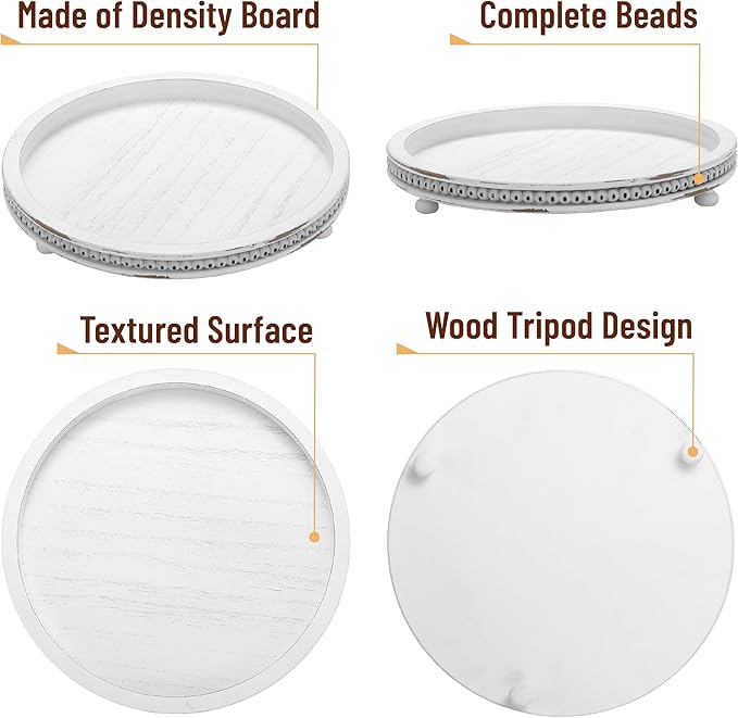 Bamboo Land- Round Decorative Trays for Coffee Table, 12", White, Wood Tripod & Beaded Design, Wooden Round Tray for Coffee Table