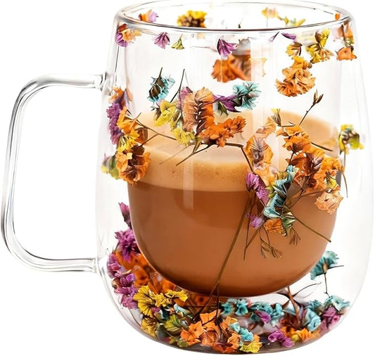 Double Wall Glass Coffee Mugs, Cute Clear Flower Cups with Handle, Unique Double Insulated Glass Cup for Cappuccino Tea Espresso Latte Hot Beverages, Birthday Gifts for Mother Women (12oz)