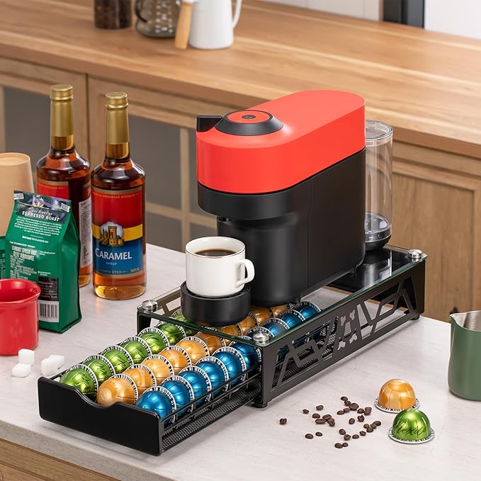 ZCDCP Pod Holder - Modern Sleek Black Metal Capsule Organizer for Nespresso Pod Storage Glass Top, Stylish Coffee Machine Stand for Coffee Bar, Office or Home Kitchen(30 Pods Capacity)