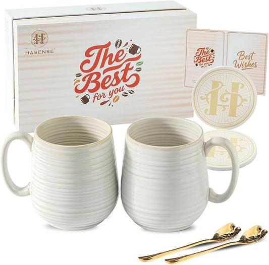 HASENSE Coffee Mugs Set of 2, 20 oz Ceramic Coffee Cups for Men and Women, Premium Large Tea Cups Gift Box with Coaster & Gold Spoon, Couple Mugs for Wedding Gift, Clay-Infused White