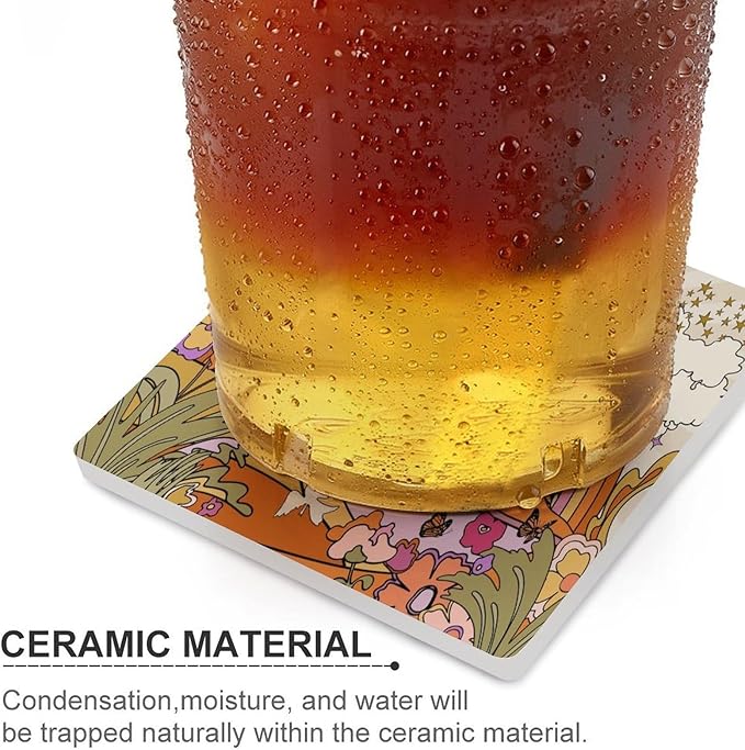 Botanical Drink Coasters, Square Ceramic Drink Coaster Square-6PCS, Abstract Cartoon Colorful Mushroom Flower Butterfly Pattern Decor Absorbent Ceramic Coasters for Beverage Cup, Bar, Coffee Table