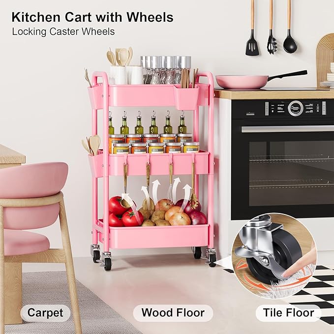 3 Tier Rolling Cart Metal with Lockable Wheels, Pink Three Tiered Diaper Caddy Cart Organizer on Wheels, Storage Utility Trolley Carts for Craft, Art, Nail, Lash, Baby Supplies, Cleaning, Mesh