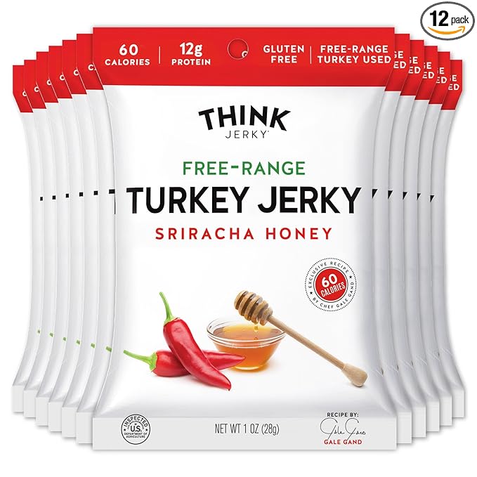 Think Jerky Sriracha Honey Turkey Jerky, High Protein Free-Range Turkey, Gluten Free, No Antibiotics or Nitrates, Healthy Chef Crafted Recipe, Low Calorie and Low Fat - 1.0 oz Bags, 12 Pack