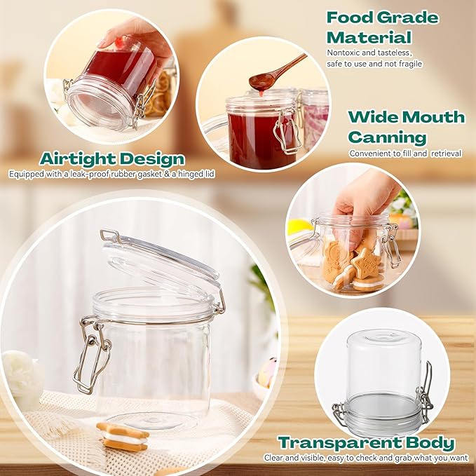 Suclain 6 Pcs 17 Oz/500ml Plastic Storage Jars with Airtight Hinged Lids, Clear Wide Round Mouth Food Storage Containers Empty Bottles Sealed Jars for Home Kitchen Candy Herbs Spices Coffee Nuts