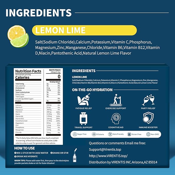 16 Sticks Electrolytes Powder Packets Sugar Free Hydration Packets Liquid Daily IV Electrolyte Drink Mix for Rehydration with 8 Electrolytes & 6 Vitamins, Low Sodium, Lemon Lime