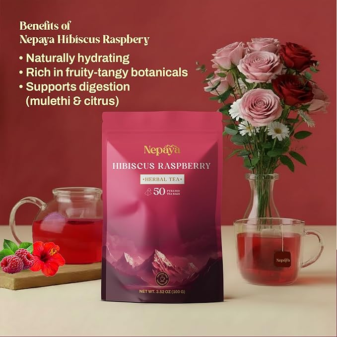 Hibiscus Raspberry Herbal Tea Bags, Caffeine Free Pyramid Tea Bags, Fruity Berry Blend with Rosehip, Lemongrass & Orange Peel, Hot or Ice Tea, 50 Biodegradable Bags