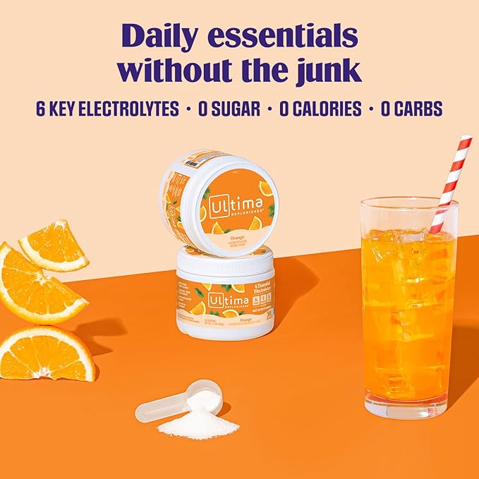 Ultima Replenisher Daily Electrolyte Powder Drink Mix – Sugar Free – Orange, 30 Servings – Hydration Powder with 6 Key Electrolytes and Trace Minerals – Keto Friendly, Vegan, Non-GMO