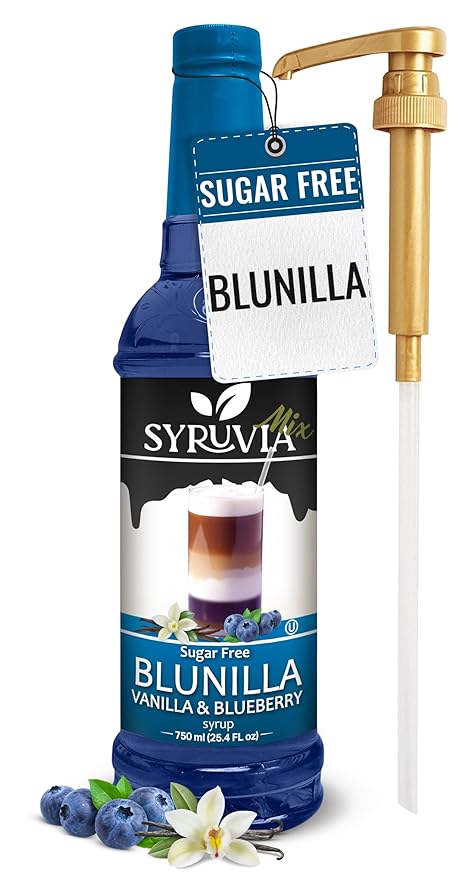 Syruvia Sugar Free Coffee Syrup, BLUNILLA Syrup, Vanilla Blueberry Flavored Syrup for Drinks, Lattes, and Desserts – 25.4 fl oz, With Pump