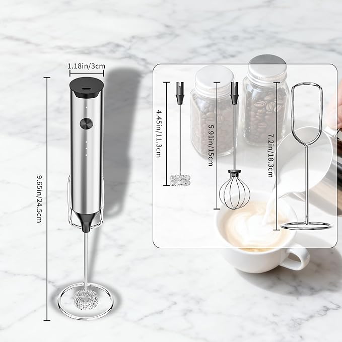 Kitchen Milk Frother Handheld with Stand, 3 Speeds Adjustable Mixer Electric Handheld Frother Wand, Hand Mixer Matcha Whisk Coffee Stirrers for Matcha, Hot Chocolate, Egg - Stainless Steel