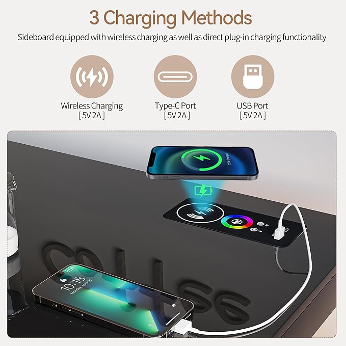 40" Wood LED Coffee Bar with Wireless Charging Station, Storage Coffee Bar Cabinet with 2 Doors and Shelves