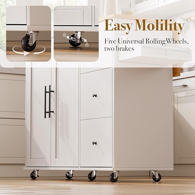 Kitchen Island on Wheels with Storage-Multifunctional Kitchen Island Cart with Drop Leaf, Rolling Island with Spice/Towel Rack,Expandable Island Table Kitchen,39.37" Width,White