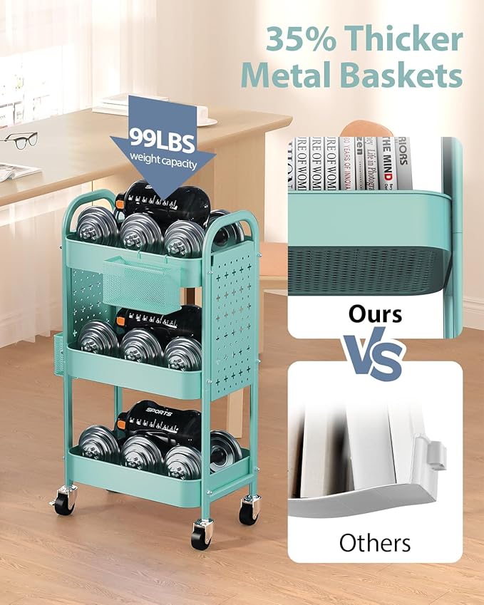 ALVOROG 3 Tier Rolling Cart with DIY Pegboards Metal Utility Cart with Wheels Handles Baskets Hooks, Craft Cart for Office Kitchen Bathroom(Tiffany Blue)