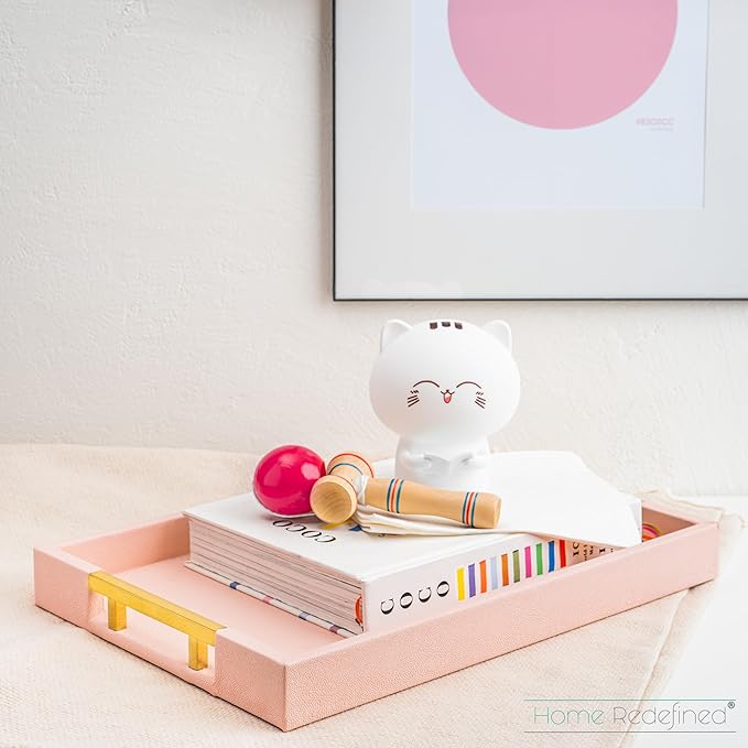 Modern Elegant 17.5"x12" Rectangle Baby Pink Tray Glossy Shagreen Faux Leather Decorative Ottoman Coffee Table Perfume Dresser Kitchen Serving Tray with Gold Polished Metal Handles.
