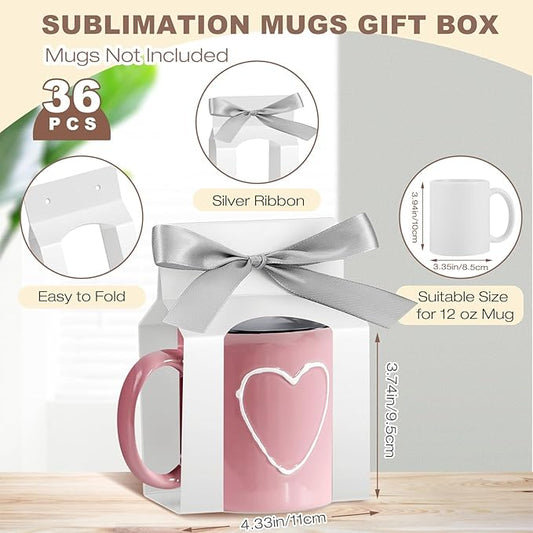 Kosiz 36 Pcs Mug Boxes Sublimation Coffee Mugs Gift Bags with Window Packaging Storage Box for Shipping Selling Wedding Valentines Gift Packaging Wrapping (for 12oz Mug,White,Silver)