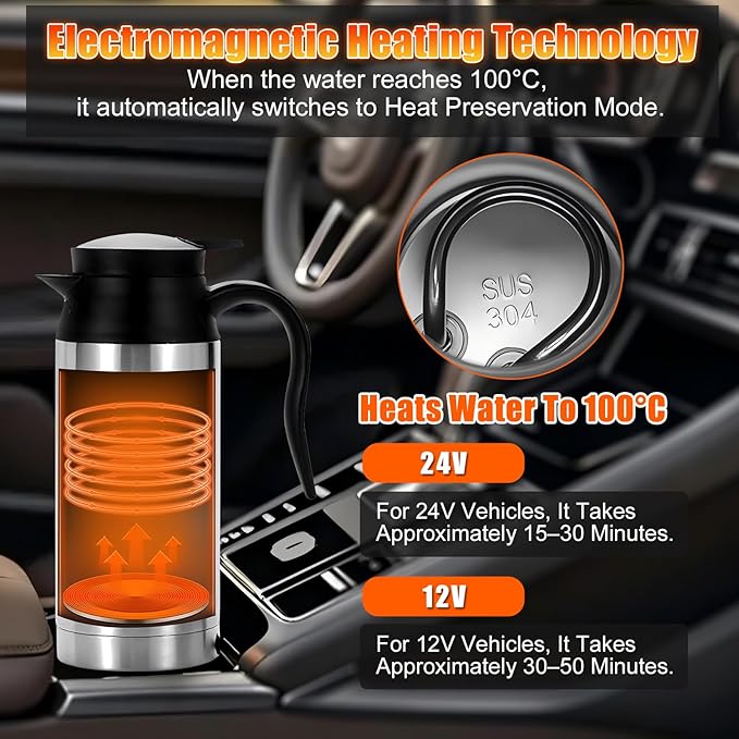 Car Electric Heating Cup 750ml Portable Stainless Steel Travel Mug, Insulated Water Cup, High Efficiency, Double Wall Vacuum Cup Body, High Grade Silicone Sealing Gasket (24V)