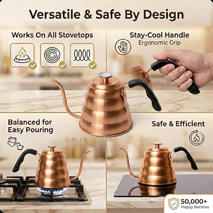 Barista Warrior Gooseneck Kettle for Pour Over Coffee & Tea - 1.2L Kettle Stovetop with Built-In Thermometer, Precision Drip Spout, Stainless Steel - Copper Coated Stainless Steel