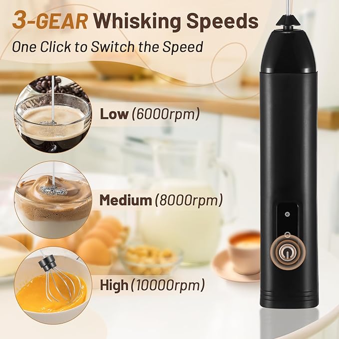 Milk Frother Handheld Rechargeable(Set of 2), Electric Whisk Foam Maker with Detachable Stainless Whisks, 3 Speed Adjustable Hand Drink Mixer for Coffee, Frother Wand for Lattes, Protein, Matcha, Egg