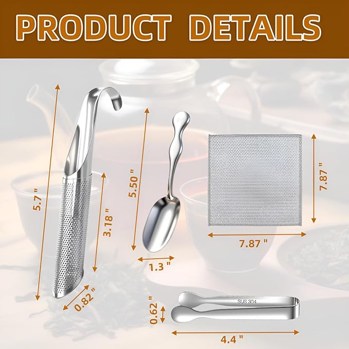 2 Pcs Tea Infuser with Hook Handle, Tea Diffusers for Loose Tea, Tea Steeper Stainless Steel Tea Strainers & Filters with Teaspoon Tea-tweezers Steel Wire Cloth