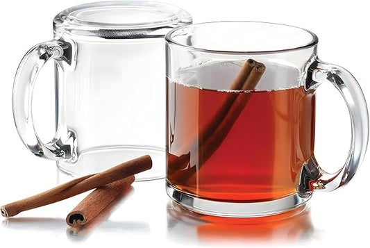 Bexter Pack of 2 Clear Glass Coffee Mugs – 13 oz Heavy-Duty Thick-Walled Cups for Hot Beverages – Durable, Elegant, Heat-Resistant Glassware for Coffee, Tea, Lattes, and More
