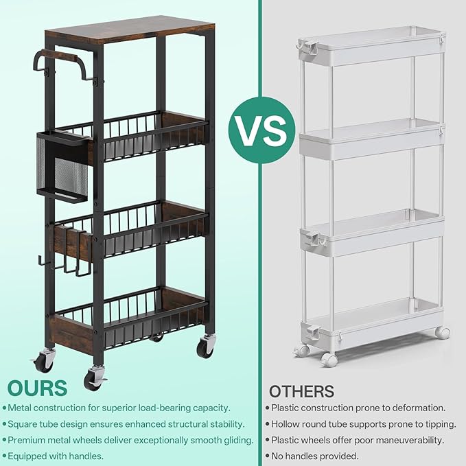 Slim Rolling Storage Cart, 4 Tier Small Organizer Cart with Wheels, Metal Utility Shelf Kitchen Bathroom Laundry Room Organization Trolley with Handle for Narrow Space (9.1" Overall Width)