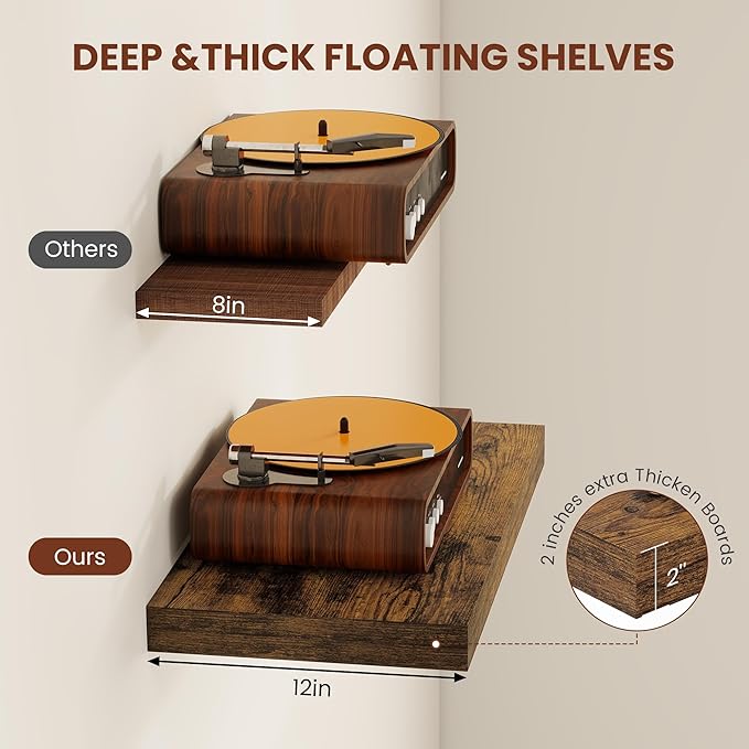 Vivelove 12" Deep Floating Shelves for Wall 36" Long, Wall Shelves for Bedroom Living Room Bathroom Kitchen Laundry Room, Farmhouse Rustic Shelves for Home Decor, 36" X 12" X 2" Set Of 2, Rustic Brown
