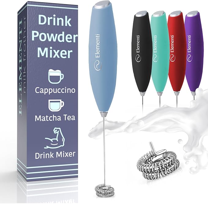 Elementi Frother Wand - Easy to Use Milk Frother & Handheld Electric Stirrer for Powder Drinks, Durable and Powerful Coffee & Protein Powder Mixer Wand (Pastel Blue)