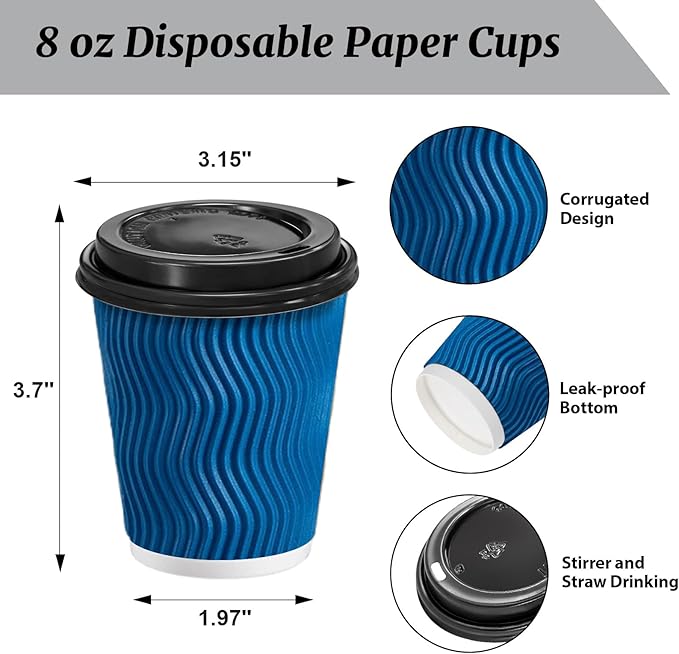 Clawsoff 100 Pack Coffee Cups with Lids 8 oz, Disposable Insulated Ripple Wall To Go Paper Coffee Cups for Hot/Cold Drinks Office Home Shop Event (Navy)