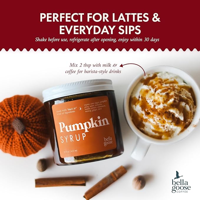 Bella Goose Pumpkin Spice Coffee Syrup Jar (16oz) - Pure Pumpkin Syrup for Lattes, Matcha, Desserts, & Ice Cream - Clean Ingredients - No Artificial Flavors- Syrups for Coffee Drinks, 32 Servings