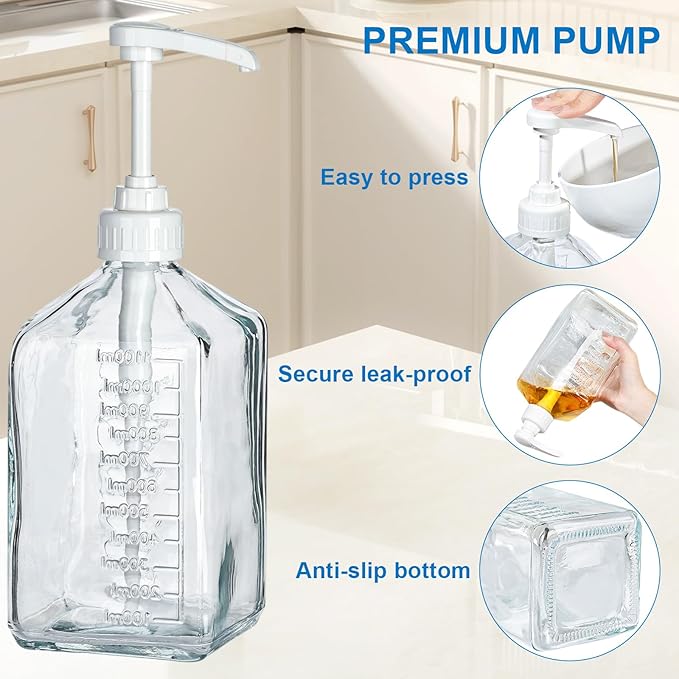 Uceoo Coffee Syrup Dispenser, Glass Syrup Bottle With Plastic Pump, 37 Oz Large Capacity Square Syrup Pump Dispensers for Coffee Bar, Simple Clear Pump Bottle for Honey, Condiments, Salad Dressings
