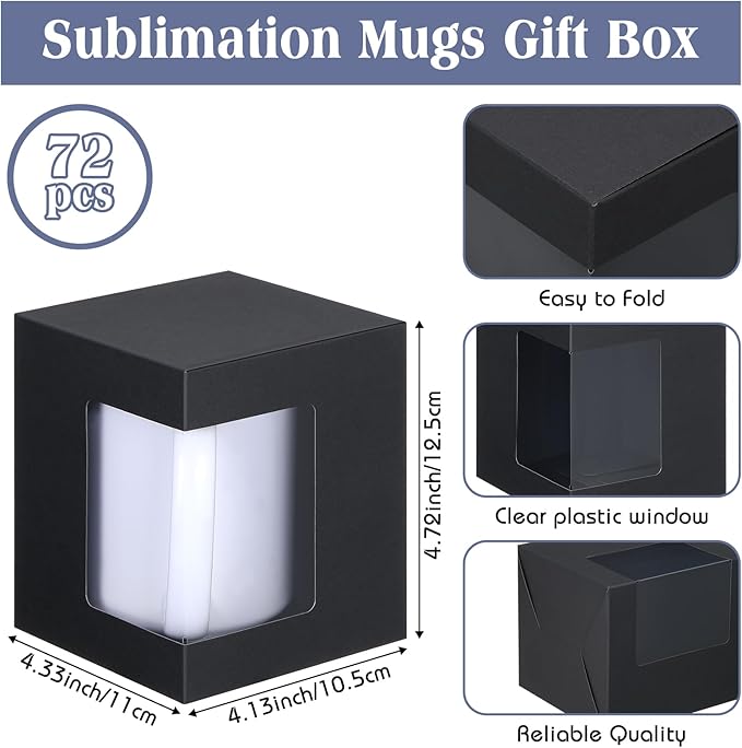 Harloon 72 Pcs Mug Boxes for Gift Coffee Mug Box Transparent Packaging Box for Blanks Sublimation 11oz, 12oz, 15oz Ceramic Blank Coffee Mugs Cups Gift Wrapping(Black)