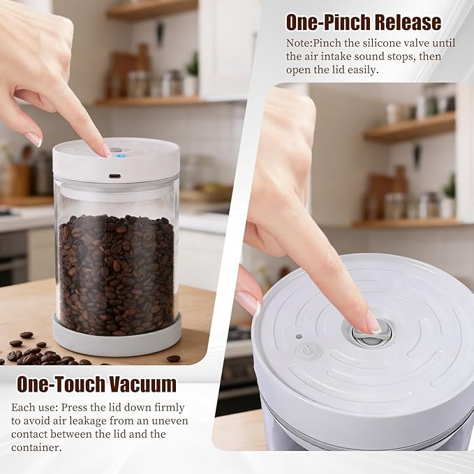 Syaws Automatic Vacuum Container,Electric Airtight Coffee Canister for 13oz Coffee Beans,1.1L Food Storage Container with Auto-Vacuum Function,Glass Jars for Flour Cereal Sugar Tea Coffee Beans Snacks