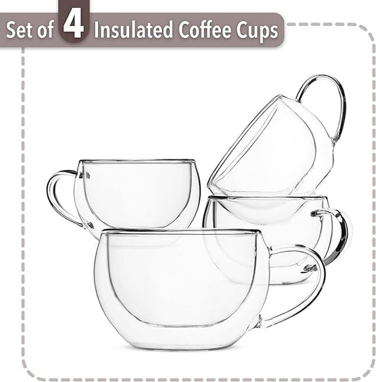 BTaT- Double Walled Glass Coffee Mugs, 9 oz, Set of 4, Glass Coffee Cups with Handle, Insulated Clear Coffee Mug for Hot and Cold Beverages, Cappuccino, Latte, Tea, Americano, Microwave Safe