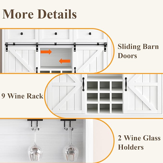 72" Farmhosue Coffee Bar Cabinet with Storage Shelves and 3 Drawers, Kitchen Hutch Storage Cabinet with Sliding Barn Door & Wine Racks & Wine Glass Holder, Bar Cabinets for Home/Living Room, White