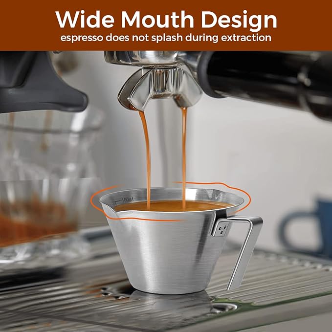 carrottimes 2 Pcs Espresso Cups with Handle, Double Spout Metal Measuring Cup with Dual Scale, Stainless Steel Espresso Shot Cup with V-Shaped Mouth, 3.4oz/100ml(White)