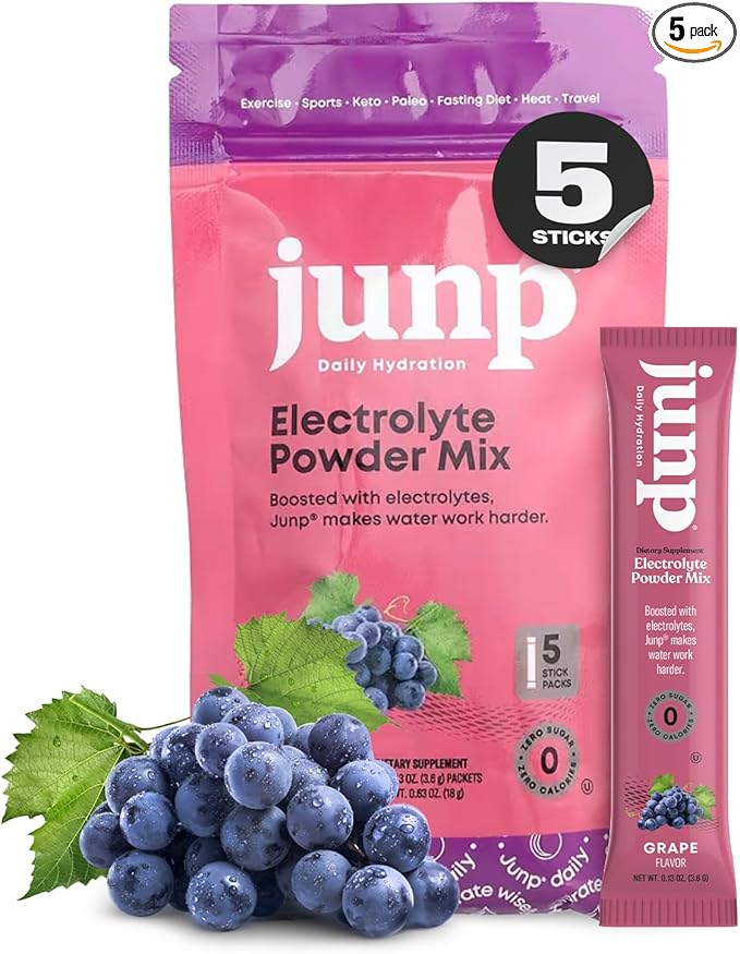 JUNP Sugar Free Electrolytes Powder Packets for Water Salt & Potassium Instant Hydration Packets, Zero Calorie No Carbs No Sugar Electrolyte Drink Mix Sticks, Keto Friendly, Vine Ripened Grape 5 Pack