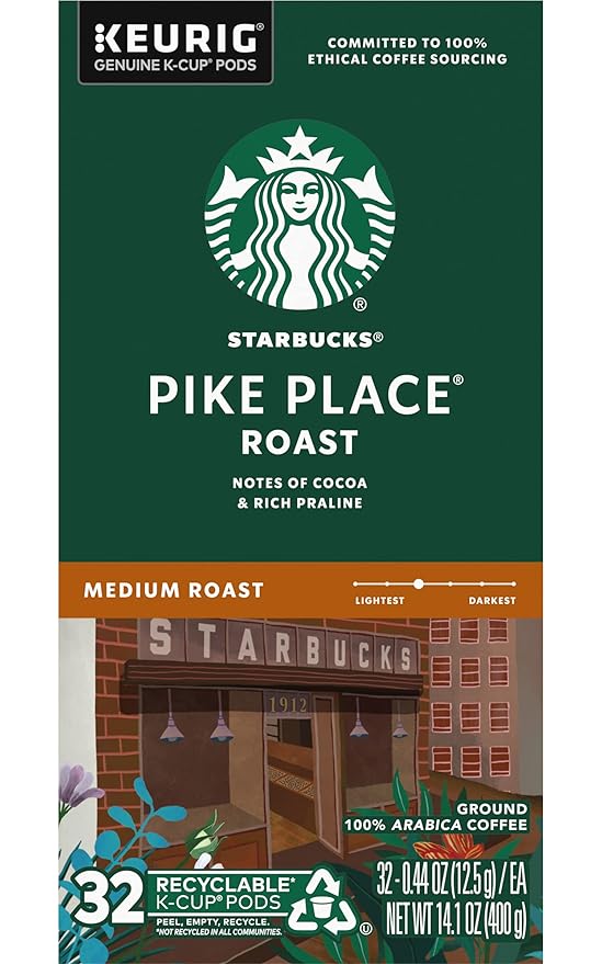 Starbucks Coffee K-Cup Pods for Keurig Brewers, Pike Place Roast, Medium Roast (32 Count (Pack of 4))