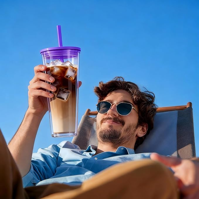 24oz Tumbler with Lid and Straw, Leak Proof and Double Wall Insulated Reusable Plastic Cups,Travel Reusable Iced Coffee Cup (1, Purple)