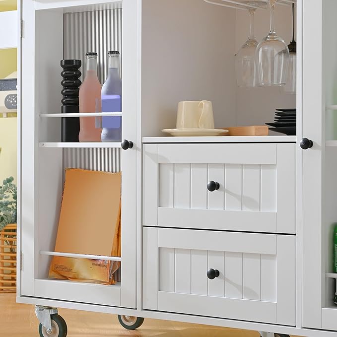 Brrnoo Kitchen Island Cart with Wood, 29.5"" Width Mobile Carts with Storage Cabinet, Rolling Kitchen Table with Spice Rack and Drawer, Portable Islands on Wheels, White