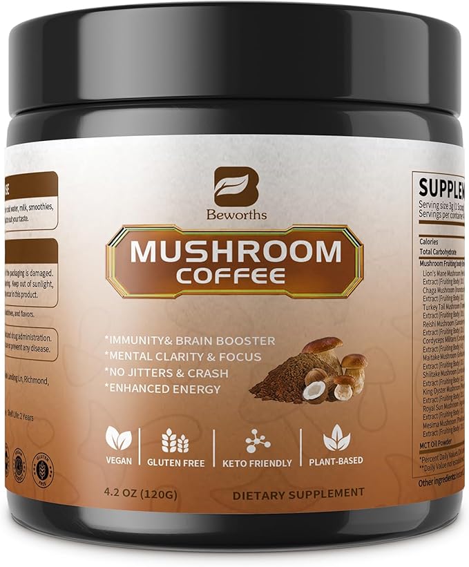 Mushroom Coffee Powder with MCT Oil - 10 Mushrooms Lion's Mane, Turkey Tail, Reishi, Cordyceps & Chaga - Arabica Instant Mushroom Coffee for Focus, Immune, Gut & Brain Health | Vegan, Keto