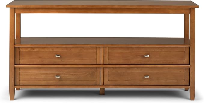 SIMPLIHOME Warm Shaker Wide Console Table - 60 Inch Wide Solid Wood Sofa Table in Light Golden Brown, Transitional Storage Table for Living Room with 4 Drawers, Open Shelf, and Brushed Nickel Knobs