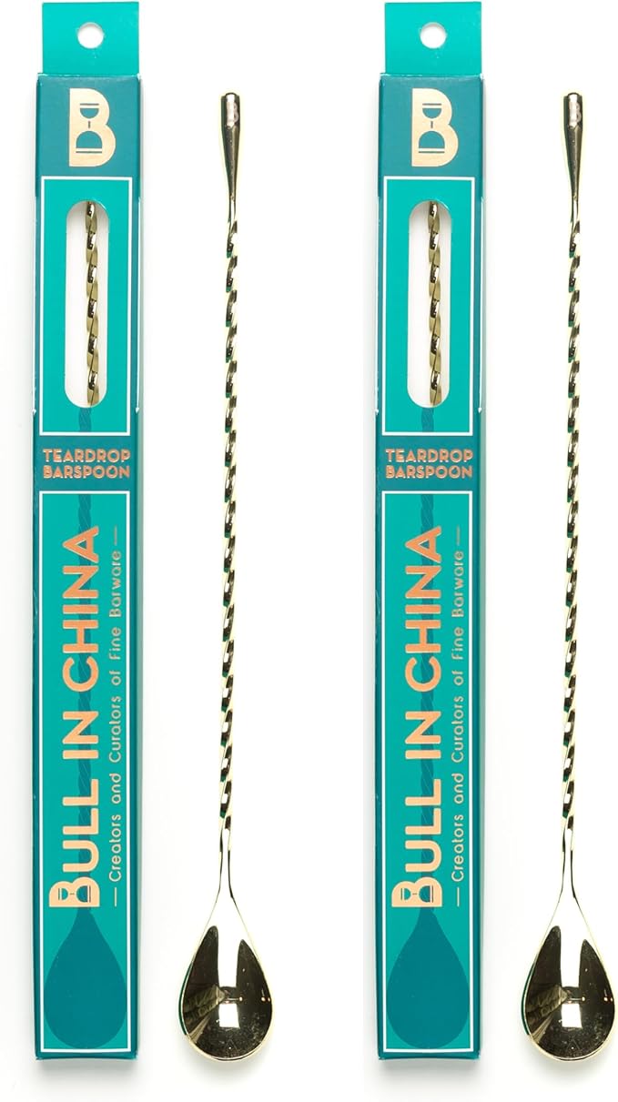 Teardrop Barspoon by Bull In China - 12" / 30cm Gold Weighted Cocktail Stirring Spoon With Spiral Pattern for Bars & Bartenders