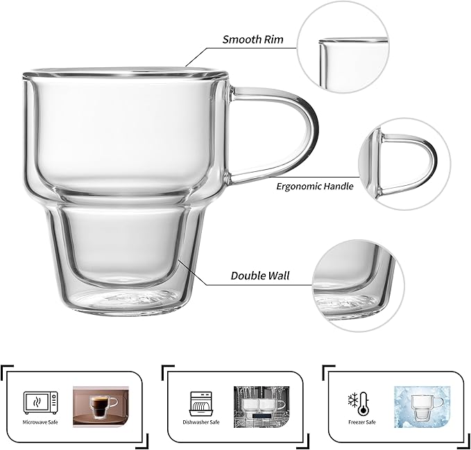 NIRA.Z 4 Pack Double Wall Glass Coffee Mugs 10 OZ Insulated Espresso Cups with Handle, Stackable Thermal Glass Coffee Cups, Ideal for Hot & Cold Drinks, Juice, Americano, Latte, Tea Bags, Cappuccinos