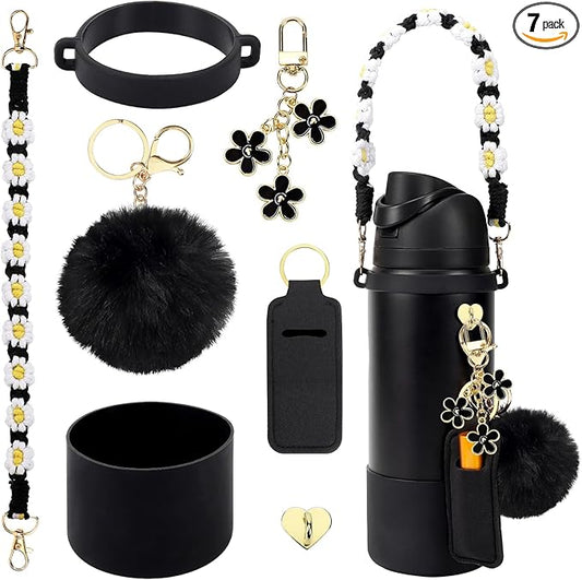 Compatible for Owala Accessories Bundle: Silicone Boot for 24oz & 32oz Bottles, Charms, Handle, Strap, Rubber Bottoms, and Decorative Add-ons for Your Compatible for Owala Water Bottle, Black