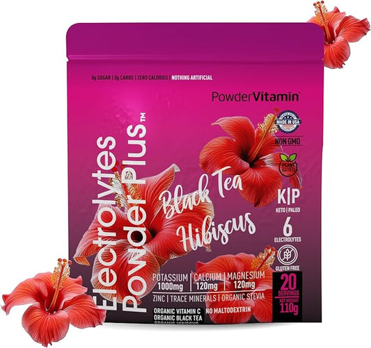 PowderVitamin Electrolytes Powder Plus (20 Servings) Black Tea Hibiscus Electrolyte Powder Keto, Sugar Free, Pink Himalayan Salt,1000mg Potassium,120mg Calcium,120mg Magnesium, Hydration Powder