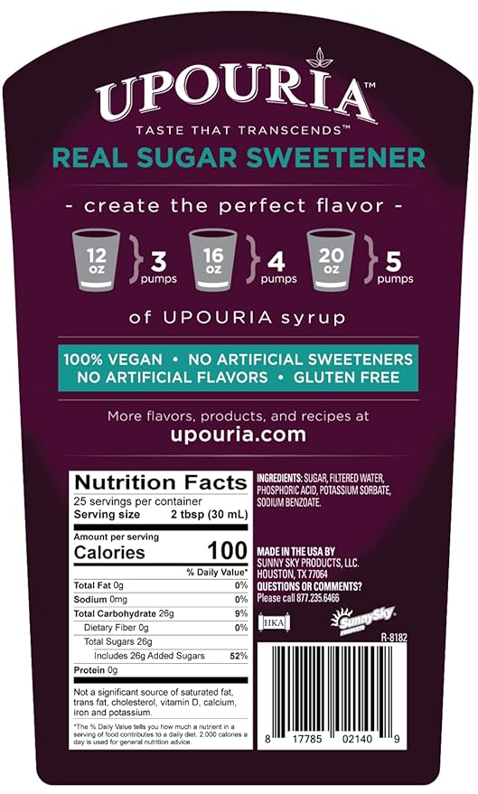 Upouria Real Sugar Sweetener Simple Syrup, 100% Vegan, Gluten-Free, 750ml bottle (Pack of 2) with 1 Syrup Pump