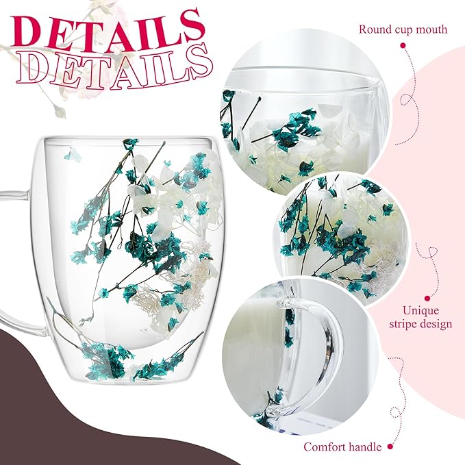 Rtteri 2 Pcs Double Wall Glass Coffee Mugs Clear Flower Coffee Mug with Handle 350 ml Creative Insulated Heat Resistant Coffee Cups for Tea Cappuccino Espresso Latte (Blue Flowers, Purple Flowers)
