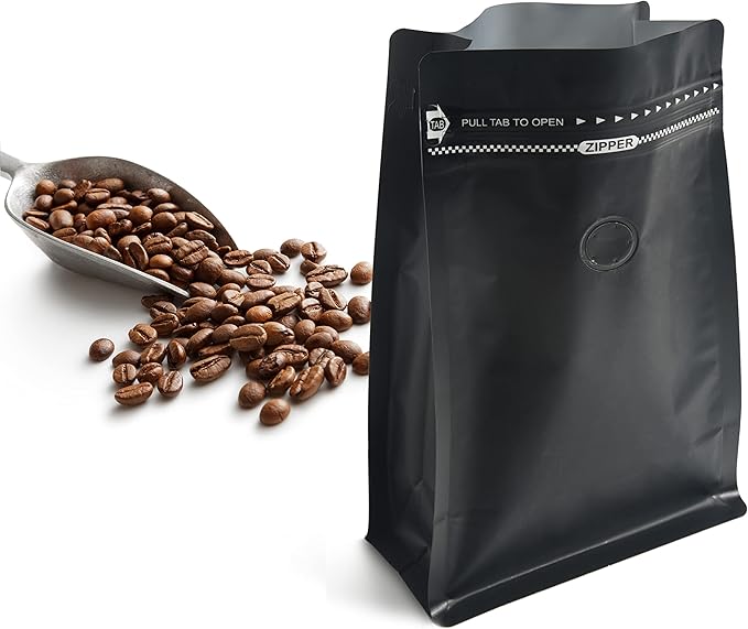 100 Count ½ LB Black Color Foil Coffee Bags with Degassing Valve, High Barrier Aluminum Foil - Flat Bottom Coffee Pouches, Food Storage Bags with Rsealable Zipper & Easy Open Tape (Pack of 100,