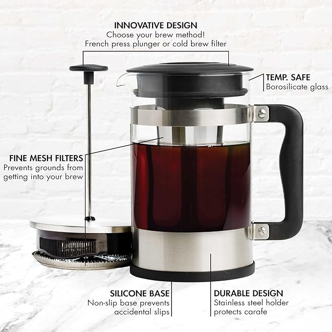 2-in-1 Coffee Maker, Make French Press Coffee and Cold Brew Coffee in One Coffee Maker, Comfort Grip Handle, Durable Glass Carafe, Perfect 6 Cup Size
